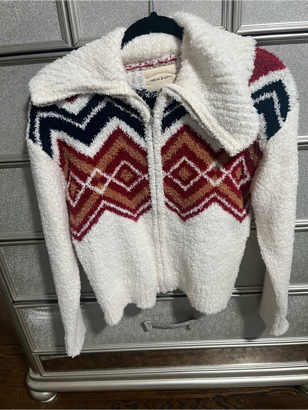Thread & Supply Cream Sherpa Zip Jacket with Burgundy & Navy Accents